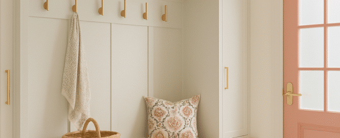 Modern farmhouse mudroom with Dove-colored built-in cabinets, brass hardware, coral double doors, and a wooden bench with woven baskets and a navy and coral accent pillow