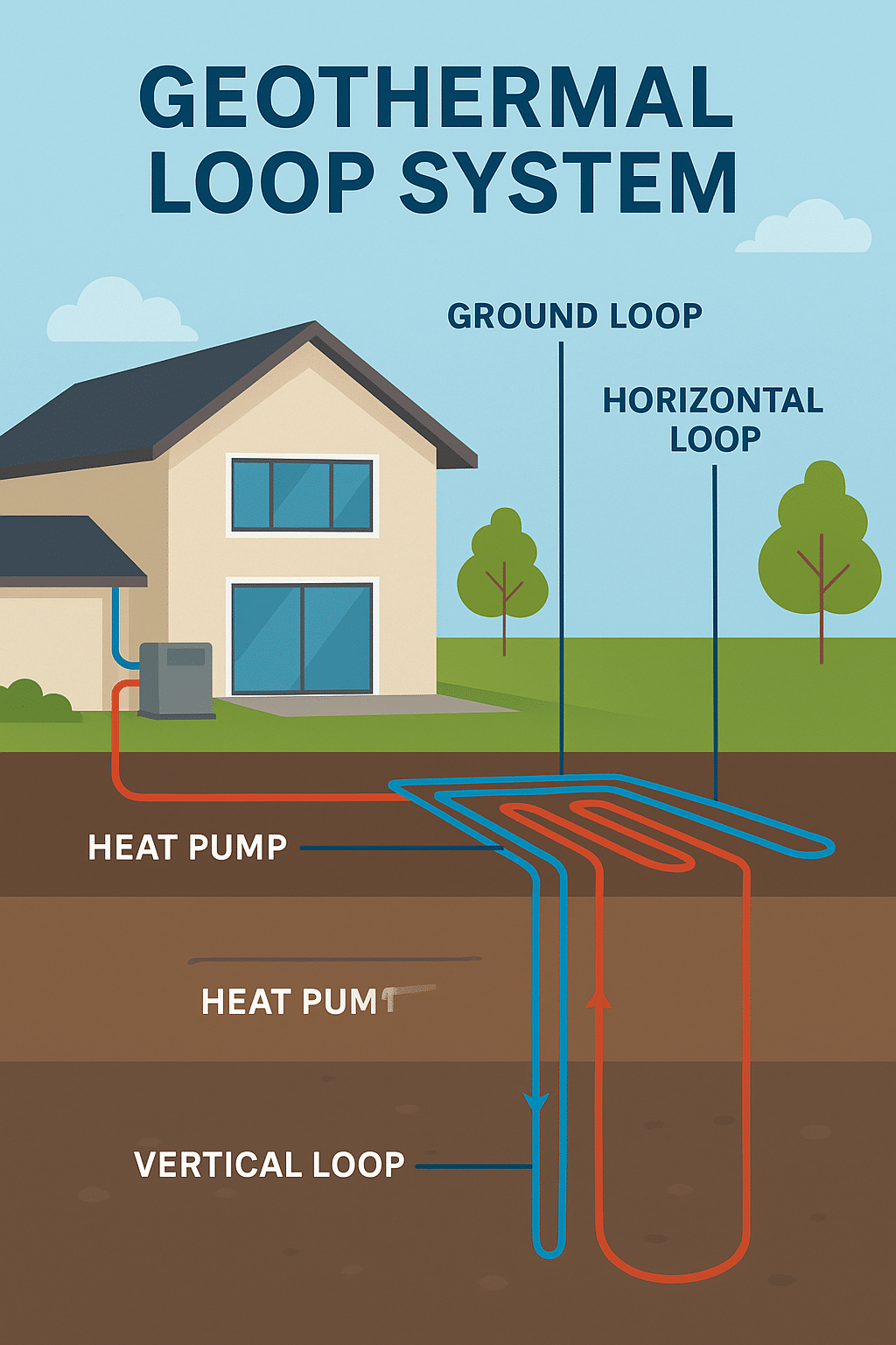 Infographic illustrating a geothermal heating and cooling system with labeled horizontal and vertical ground loops connected to a modern home’s heat pump.